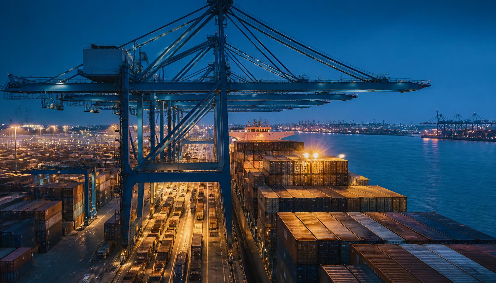 Container terminal at a Chinese export port at dusk, with gantry cranes loading packaging material containers