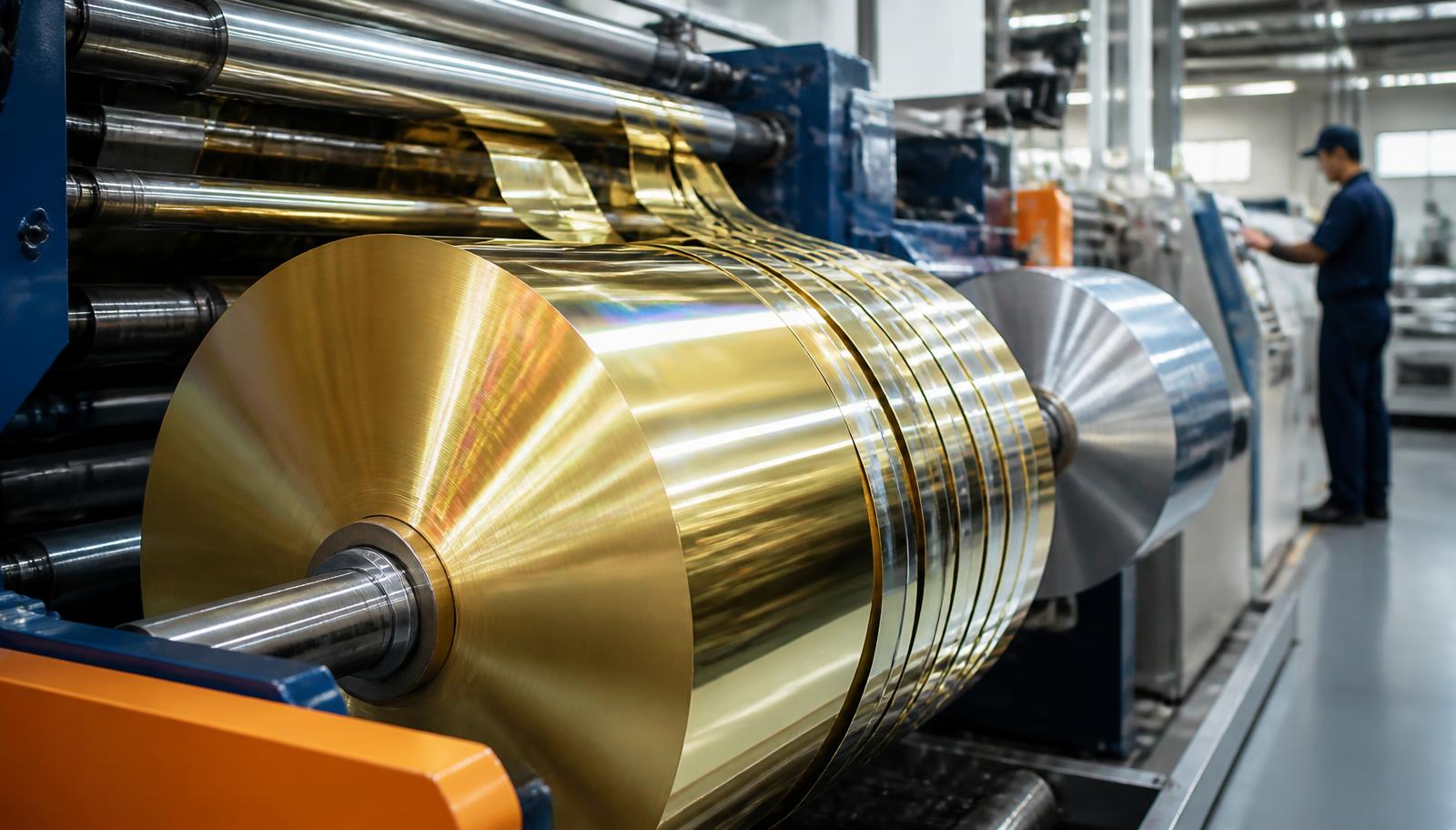 Gold and silver hot stamping foil master rolls on a precision slitting line in a Chinese foil converting plant