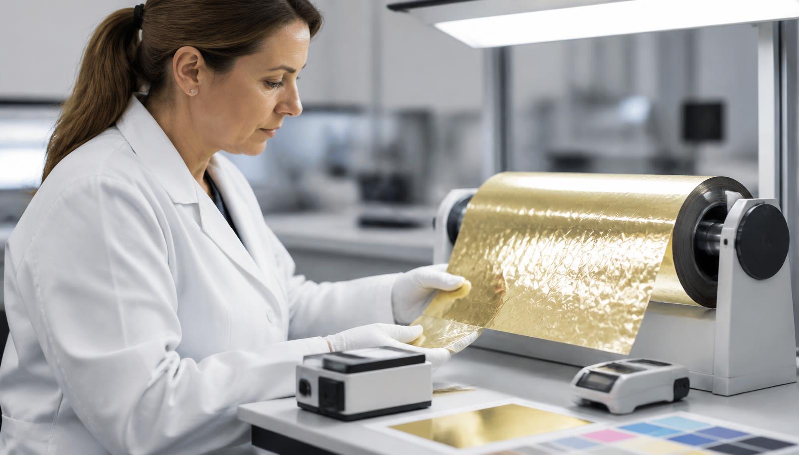 Laboratory technician inspecting a gold hot stamping foil roll with colour measurement instruments