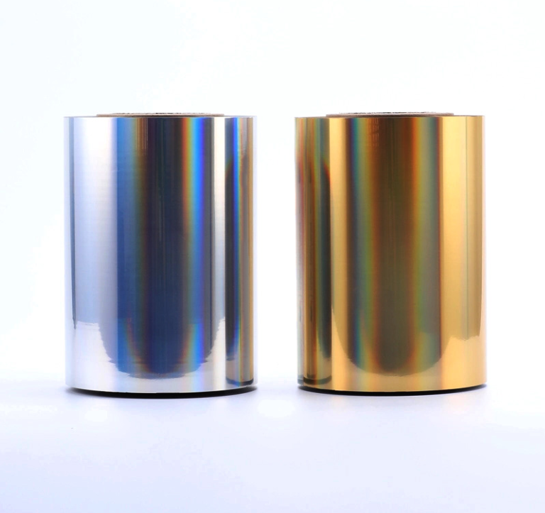 Silver and gold holographic hot stamping foil rolls — metallic rainbow finish for premium packaging | All-in Pack