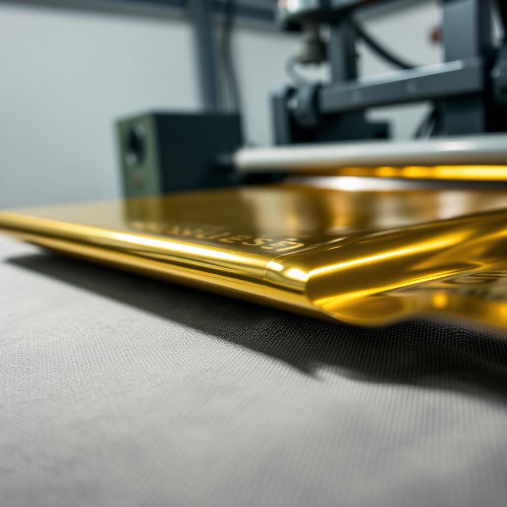 Gold heat transfer foil bonded onto a textile fabric beneath a heat press — textile finishing foil for garment decoration