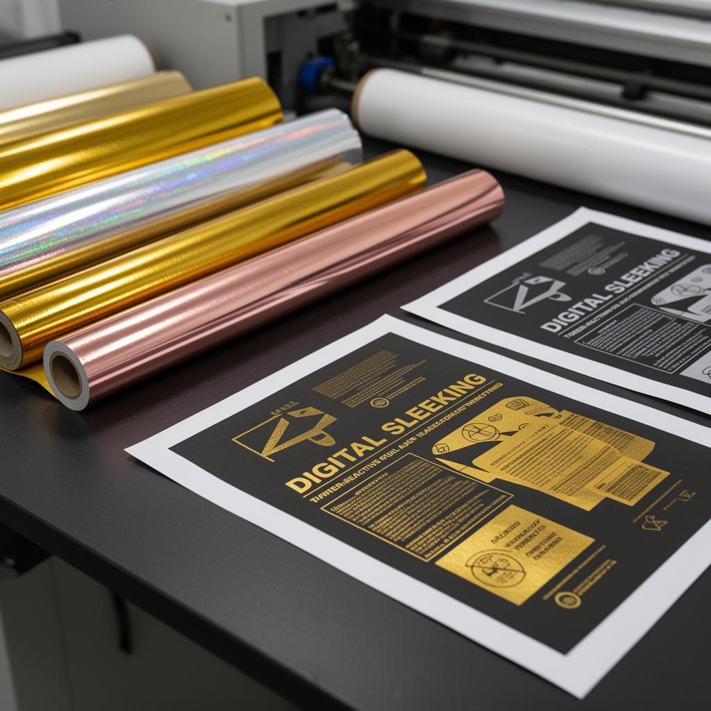 Toner reactive foil rolls and toner sheets for foiling on a digital sleeking line